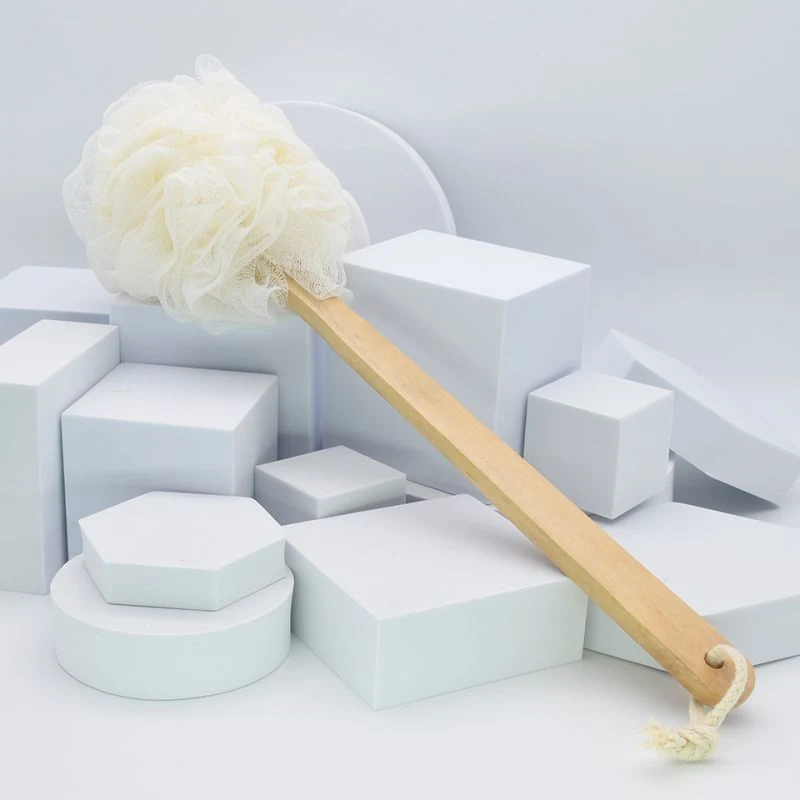 New Design Loofah Sponge Bath Ball with Wooden Long Handle Non-Slip Back Scrubber for Shower Body Brush