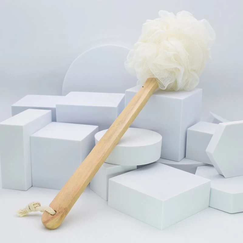 New Design Loofah Sponge Bath Ball with Wooden Long Handle Non-Slip Back Scrubber for Shower Body Brush