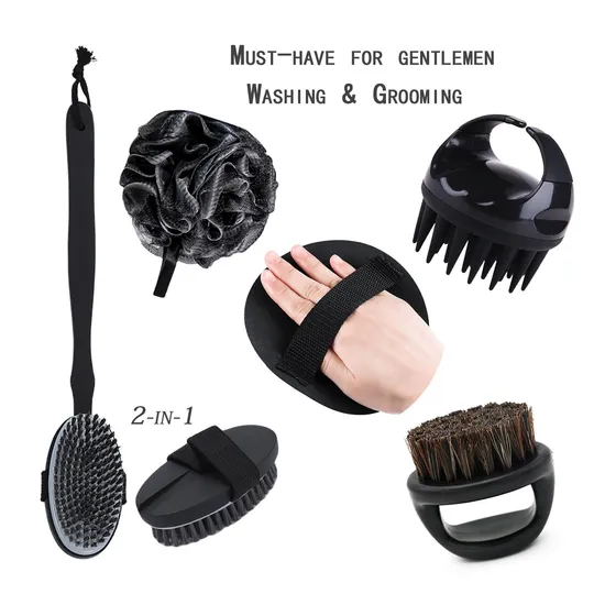 Black High Quality Customization Men 5 PCS Bath Body Gift Set Shaving Brush Exfoliating Back Scrubber Bath Ball 